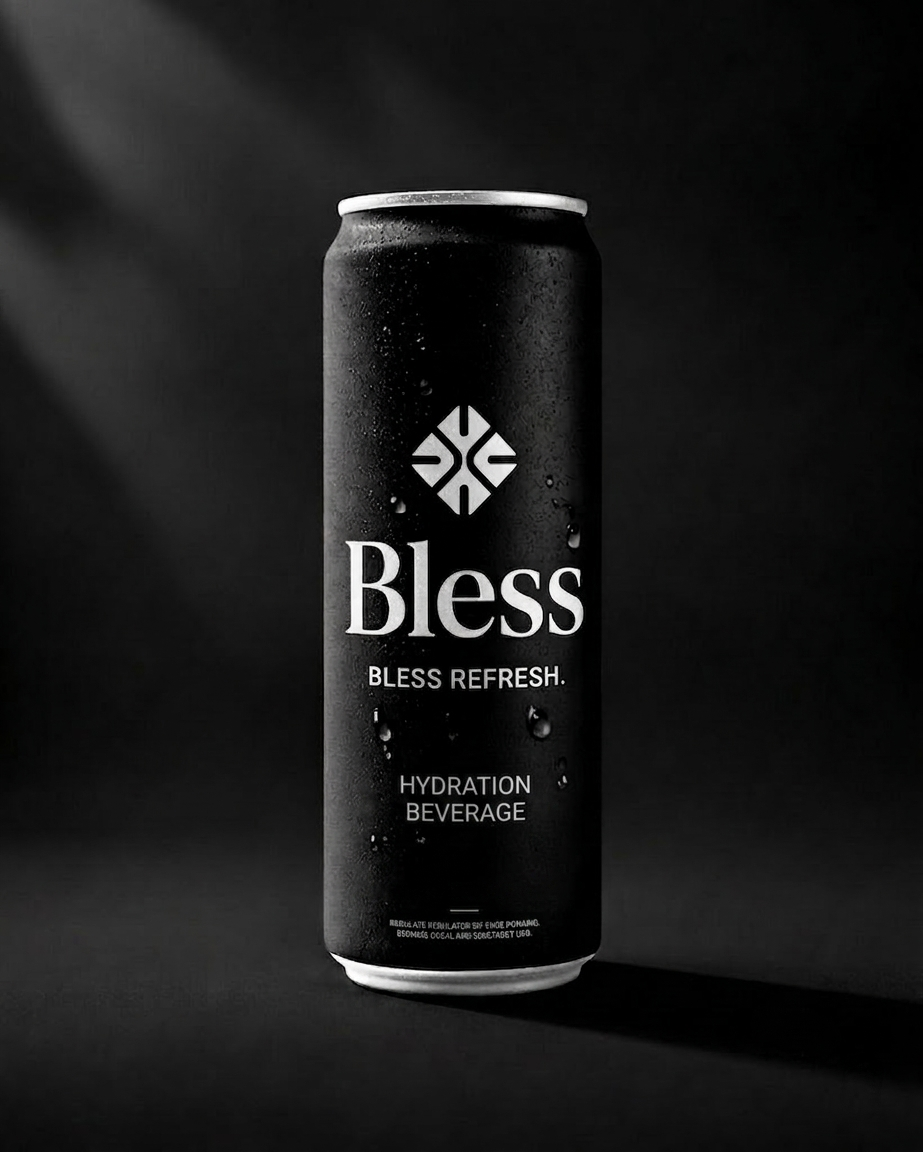 Bless electrolyte drink in a slim matte black aluminium can